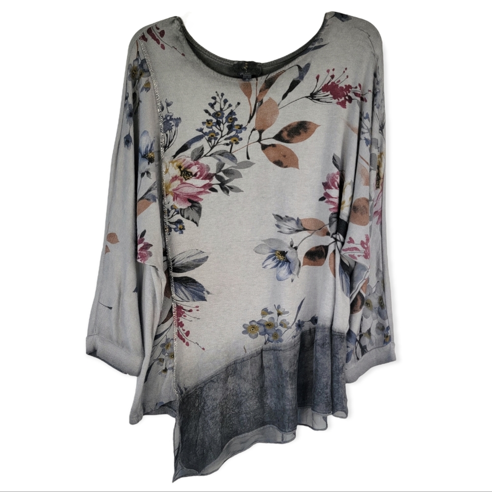 Belle France Silk Blend Floral Print Dolman Sleeve Asymmetrical Hem Top, EUC, M
